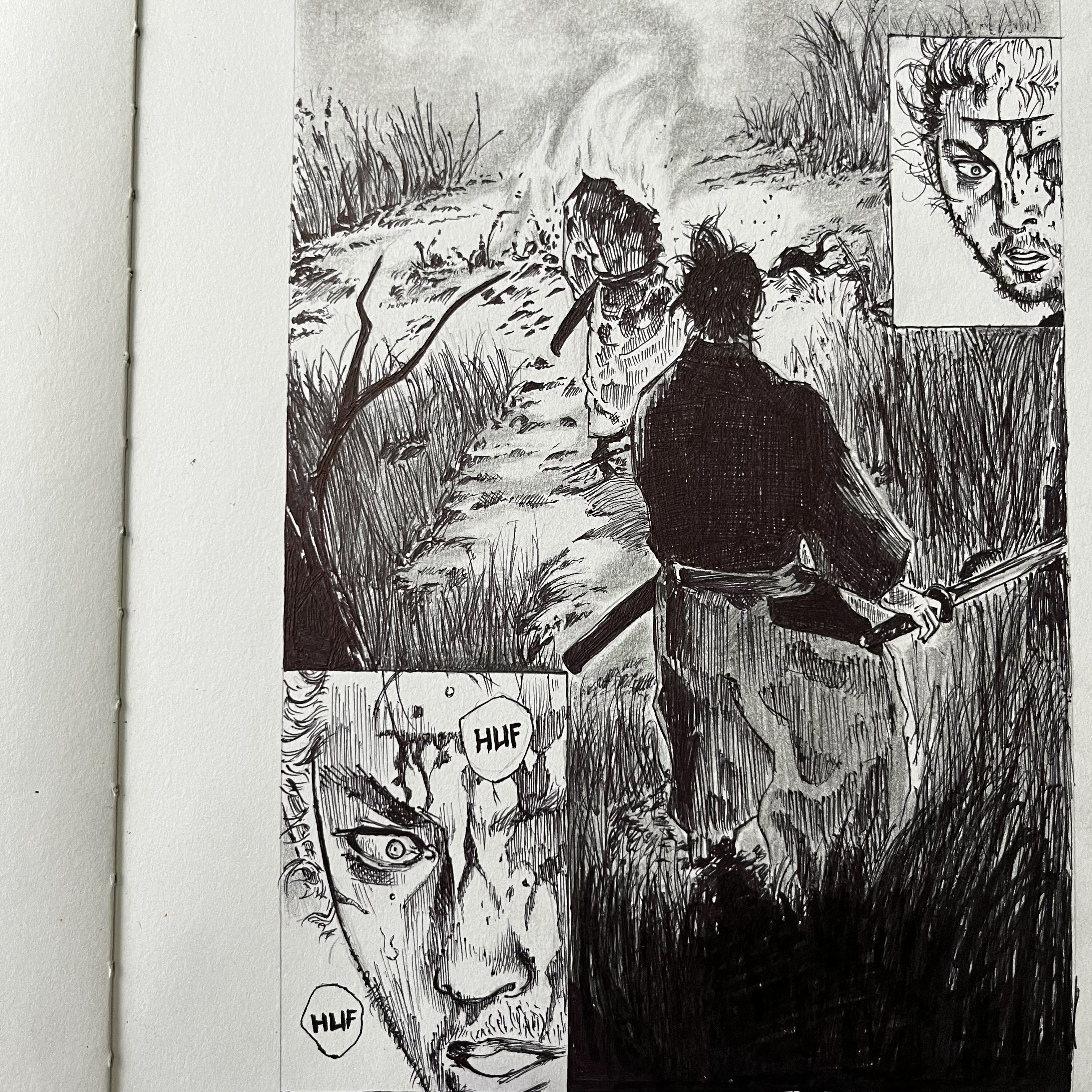 Graphite manga-style scene showing two figures in a dramatic confrontation